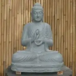 Sitzender Buddha, Position Dharmachakra, 100cm hoch, Flussstein grau 
